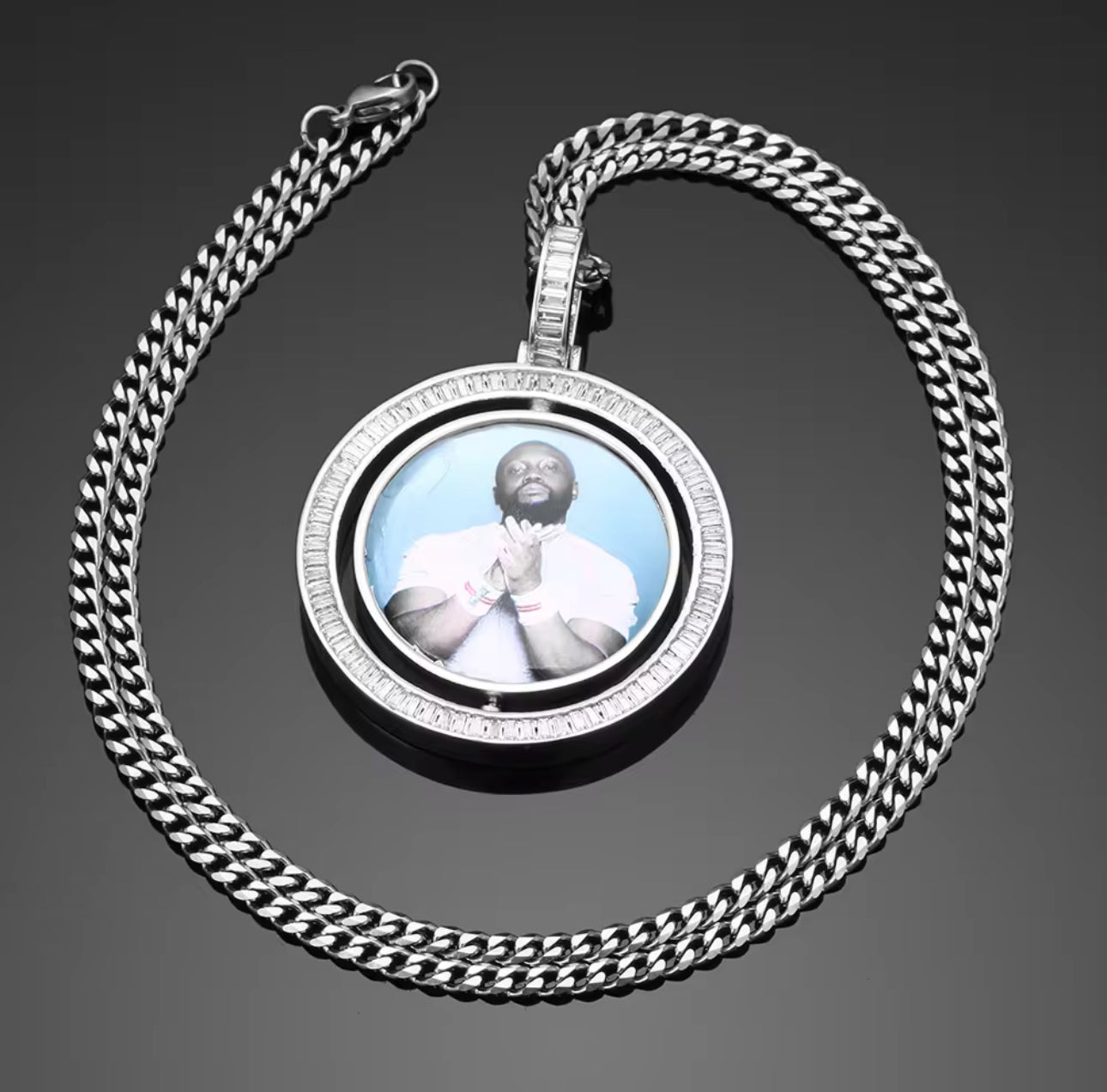 Baguette Double-Side Photo Pendant